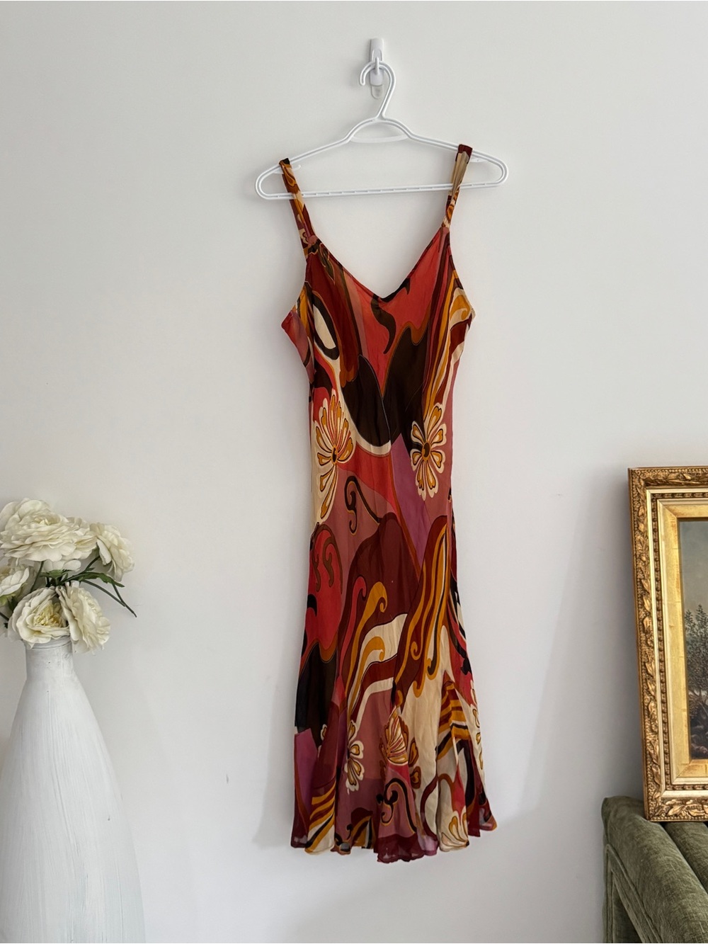 Vintage Y2K Psychedelic Print Slip Dress | Sheer Overlay Midi Bohemian